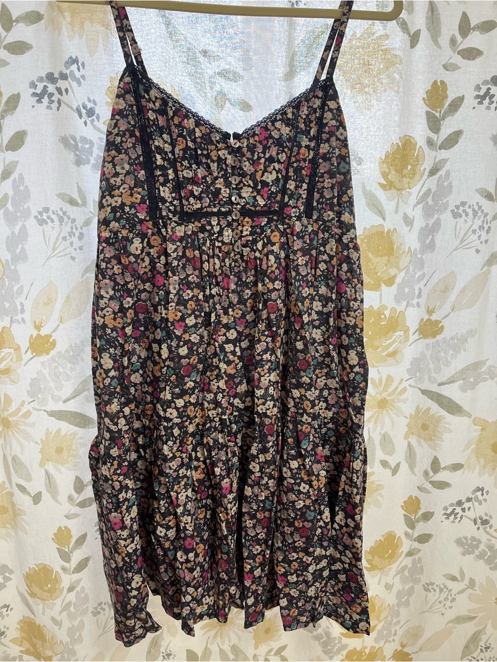 Lucky Brand Black Floral Spaghetti-Strap Tiered Skater Dress